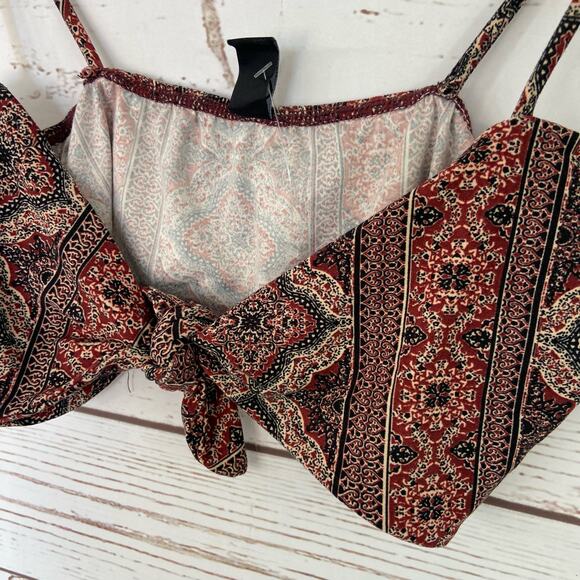 Windsor L Maroon Boho Paisley Floral Tie Knot Front Spaghetti Strap Crop Top - Picture 3 of 6